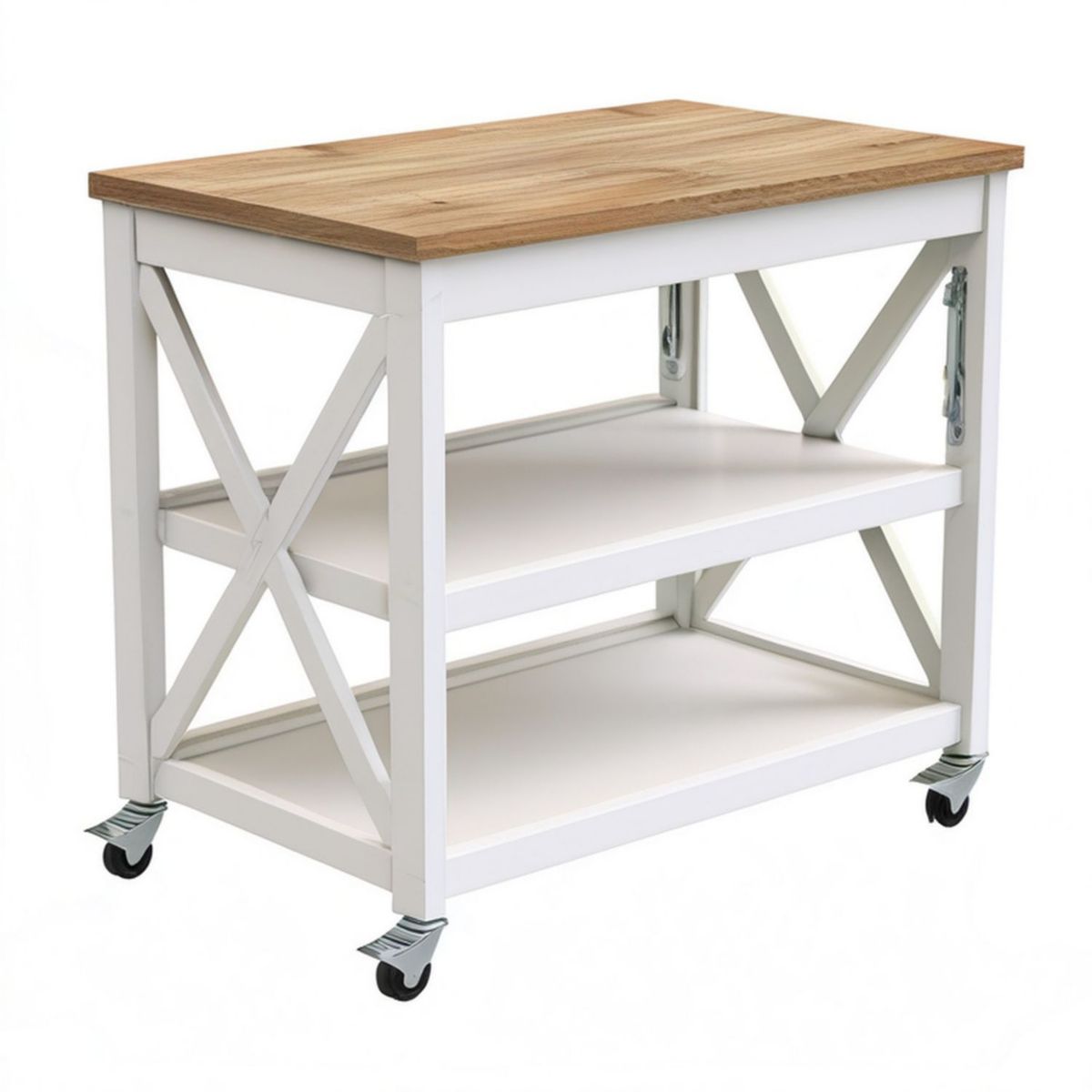 Küchenwagen mit Rollen, 100 x 50 x 90 cm, Weiss/Natur, MDF und Gummibaum-Massivholz
