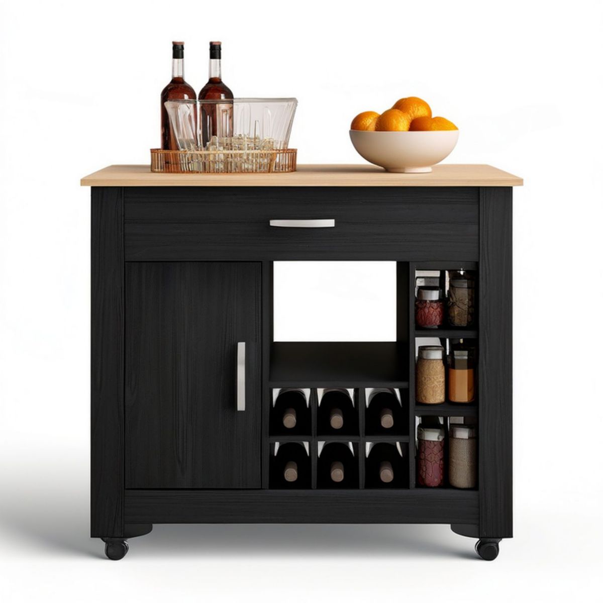 Küchenwagen mit Weinregal, Schublade und Rollen, 90 x 45 x 90 cm, Schwarz/Natur