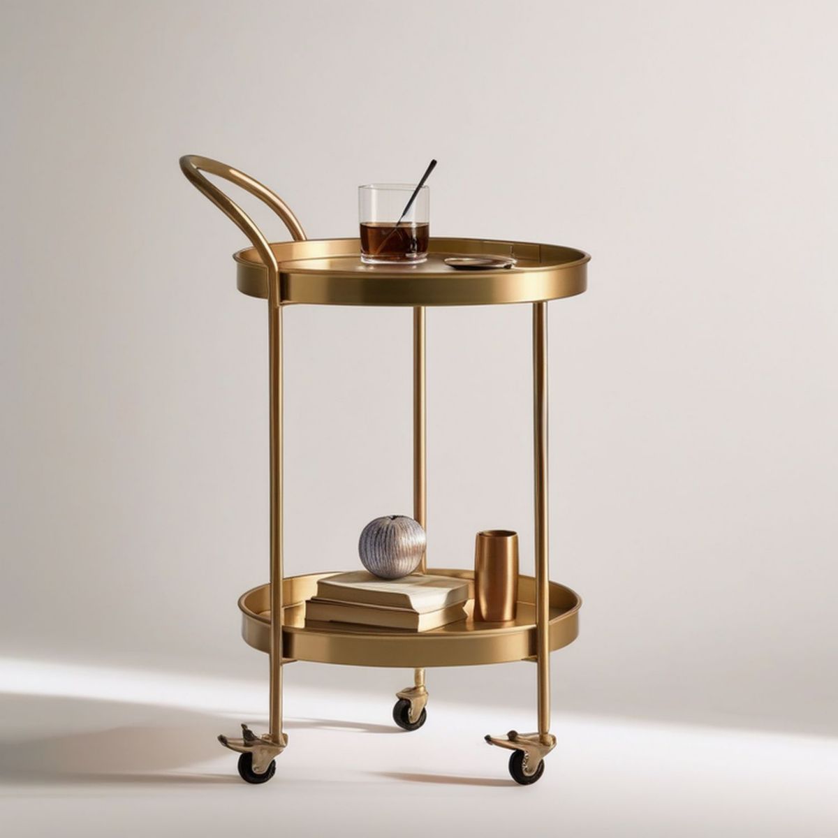 Goldfarbener Servierwagen aus Stahl mit 2 runden Ablagen, Rollen und Griff, 60 x 45 x 86 cm