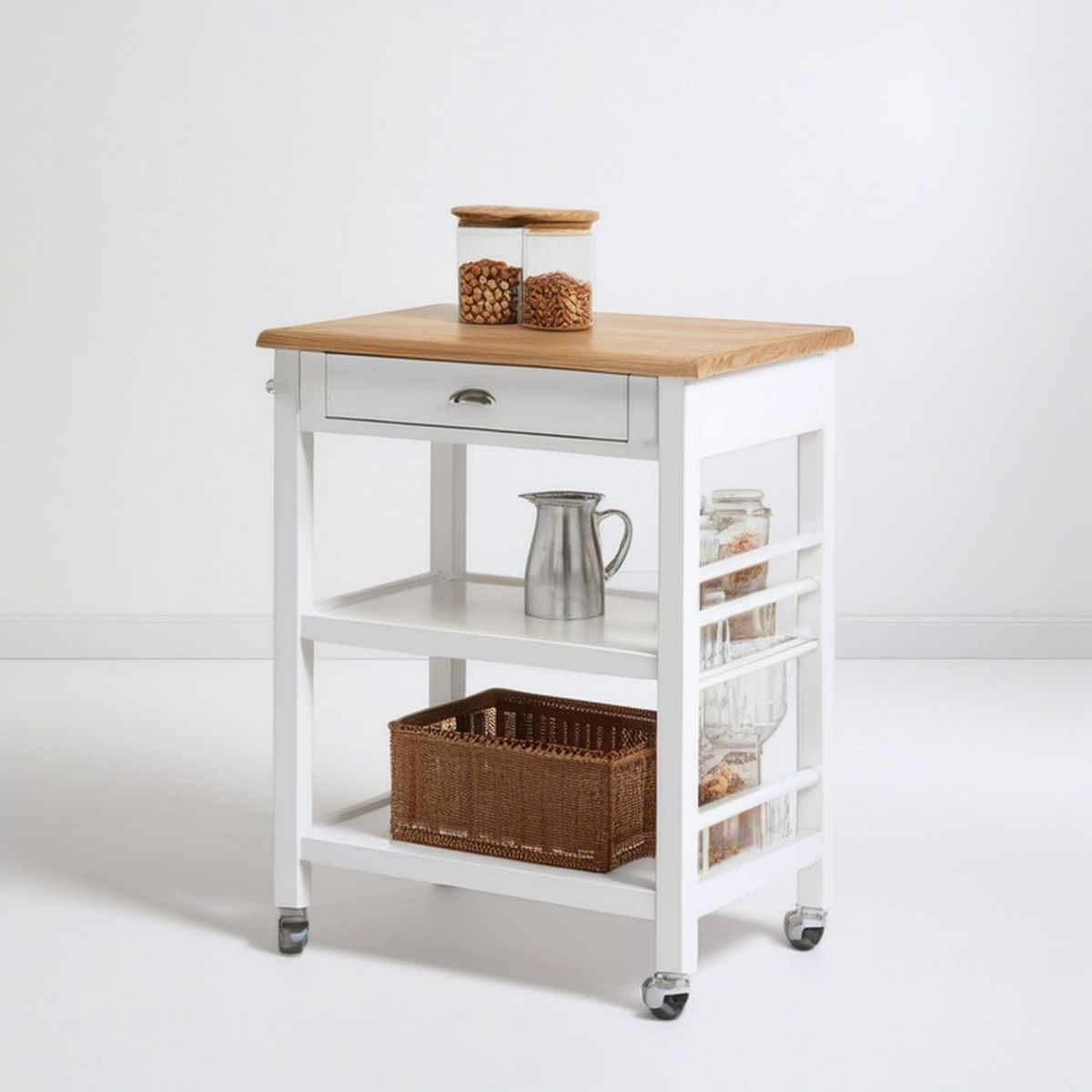 Küchenwagen mit Schublade und Rollen, 67 x 45 x 90 cm, Weiss/Naturbraun