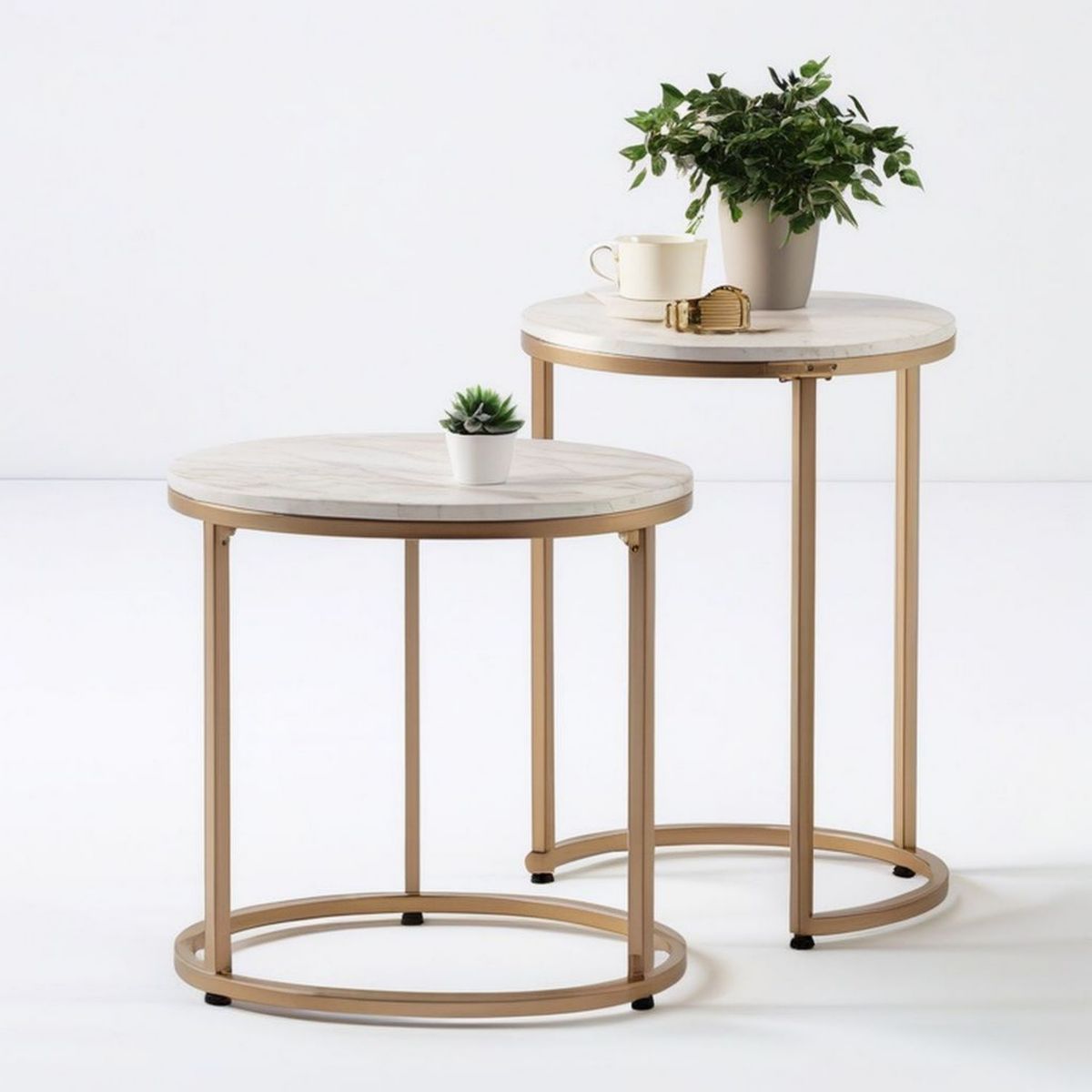 2-teiliges Rundtisch-Set in Marmoroptik Weiss/Grau mit Goldgestell, Ø 70 x 45 cm und Ø 50 x 60 cm