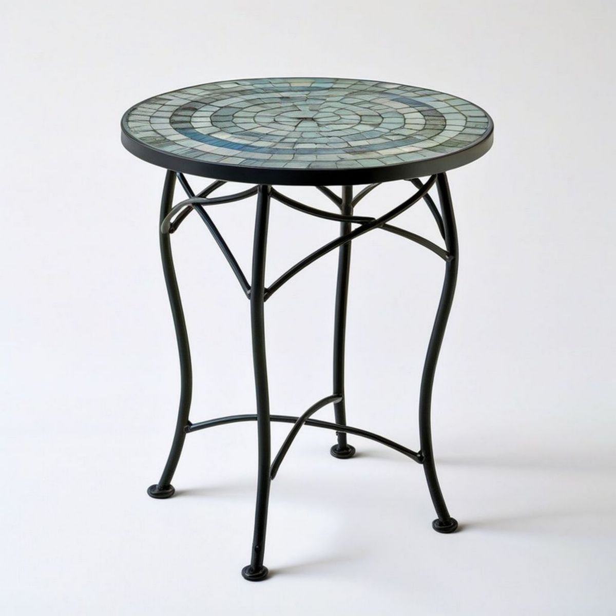 Runder Mosaik-Beistelltisch Ø 60 cm, Höhe 70 cm, Blau/Grün/Schwarz, Glas und Stahl