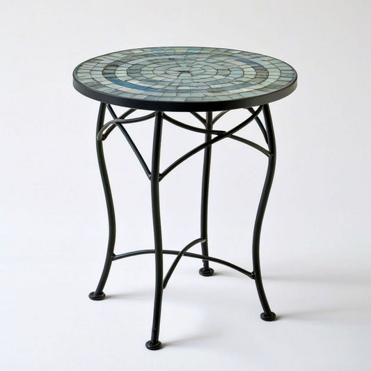 Runder Mosaik-Beistelltisch Ø 60 cm, Höhe 70 cm, Blau/Grün/Schwarz, Glas und Stahl