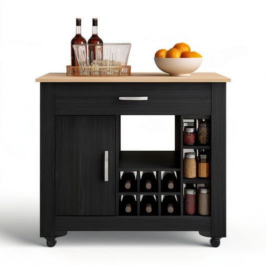 Küchenwagen mit Weinregal, Schublade und Rollen, 90 x 45 x 90 cm, Schwarz/Natur